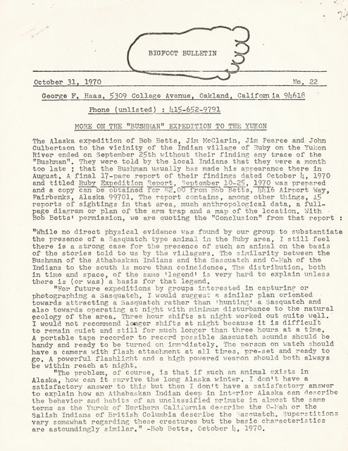 Bigfoot Bulletin # 22 Pg 1
